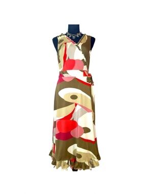 JONATHAN MARTIN ~ Army Green and Pink Ruffled A-Line Sleeveless Midi Dress